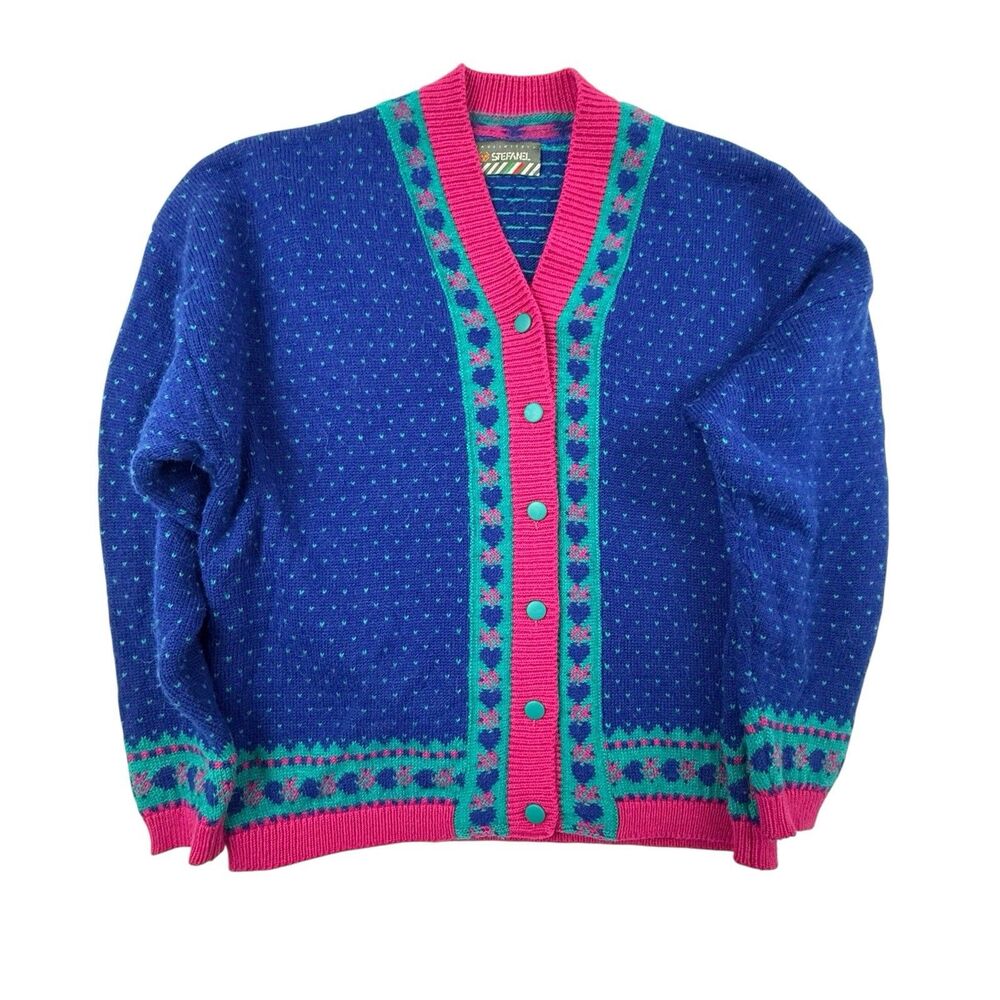 Stefanel Fair Isle Cardigan Sweater Medium Wool Alpaca Heart Pink Blue Italy